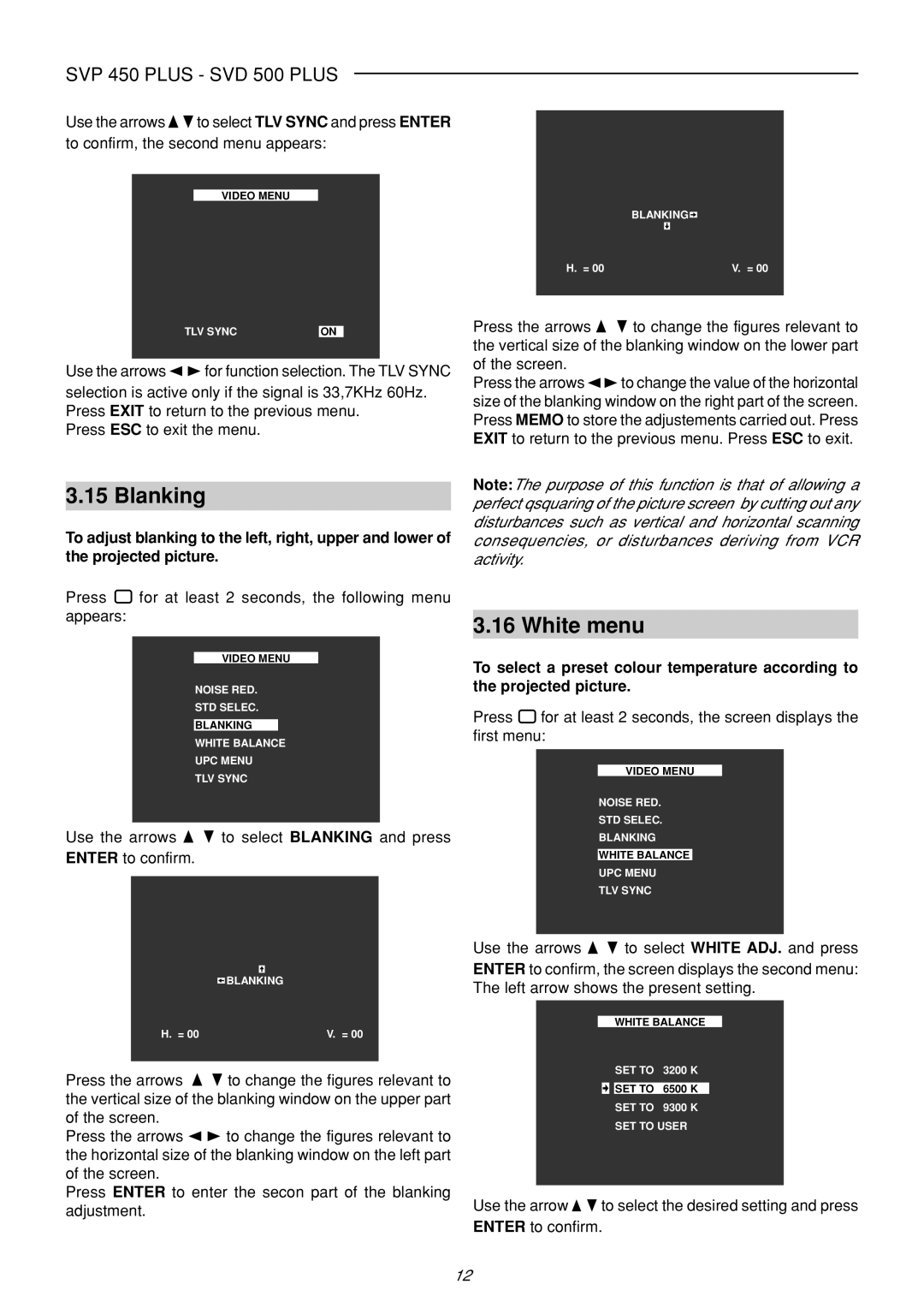 Sim2 Multimedia SVP 420 HB, SVP 450 PLUS, SVD 500 PLUS manual Blanking, White menu 