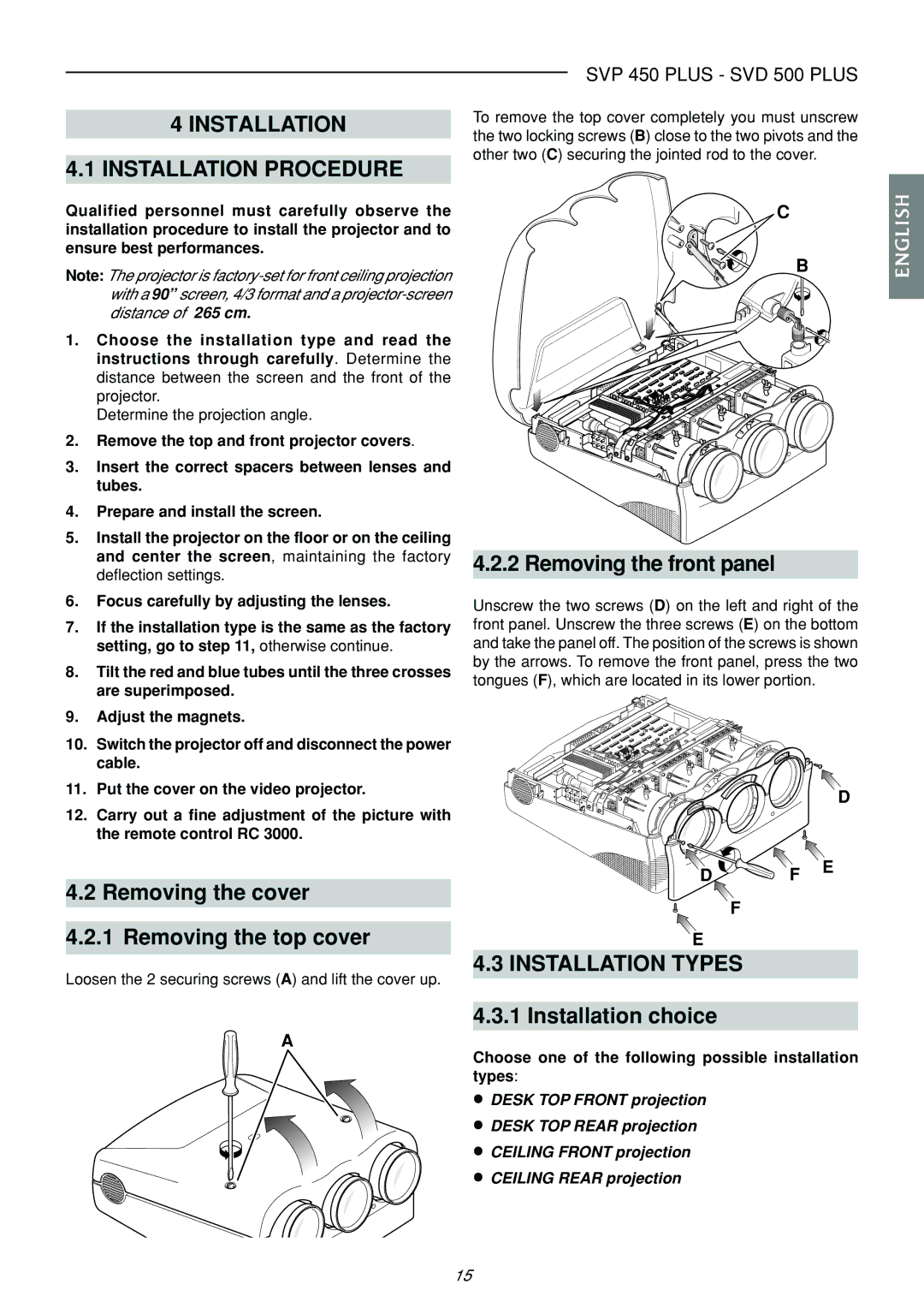 Sim2 Multimedia SVP 420 HB, SVP 450 PLUS Installation Installation Procedure, Removing the cover Removing the top cover 