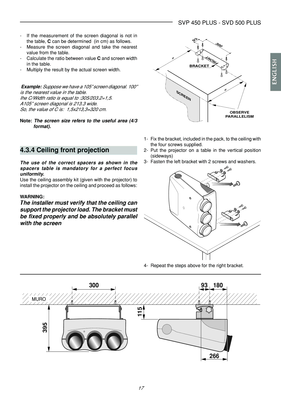 Sim2 Multimedia SVP 450 PLUS, SVP 420 HB, SVD 500 PLUS manual Ceiling front projection, Muro 