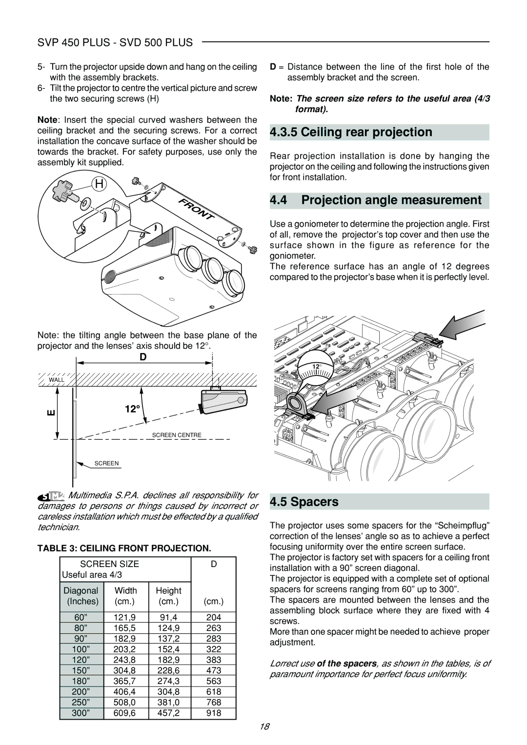 Sim2 Multimedia SVP 420 HB manual Ceiling rear projection, Projection angle measurement, Spacers, Ceiling Front Projection 