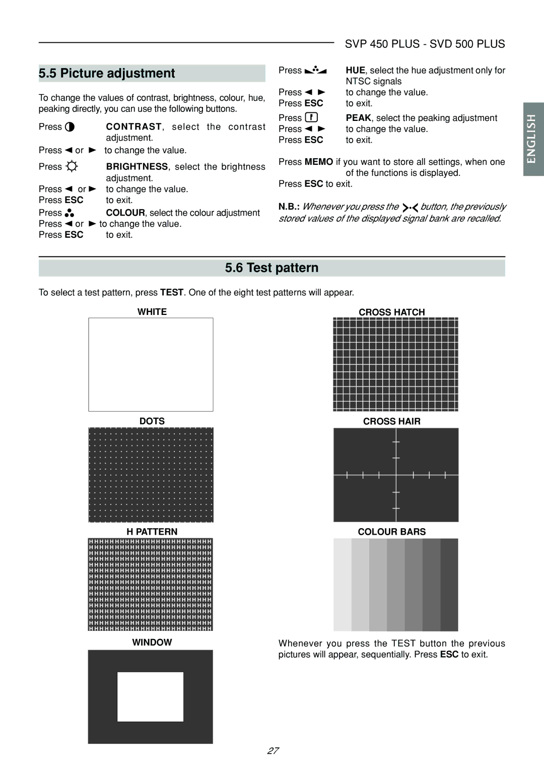 Sim2 Multimedia SVP 420 HB, SVP 450 PLUS manual Test pattern, White Cross Hatch Dots Pattern, Window Cross Hair Colour Bars 