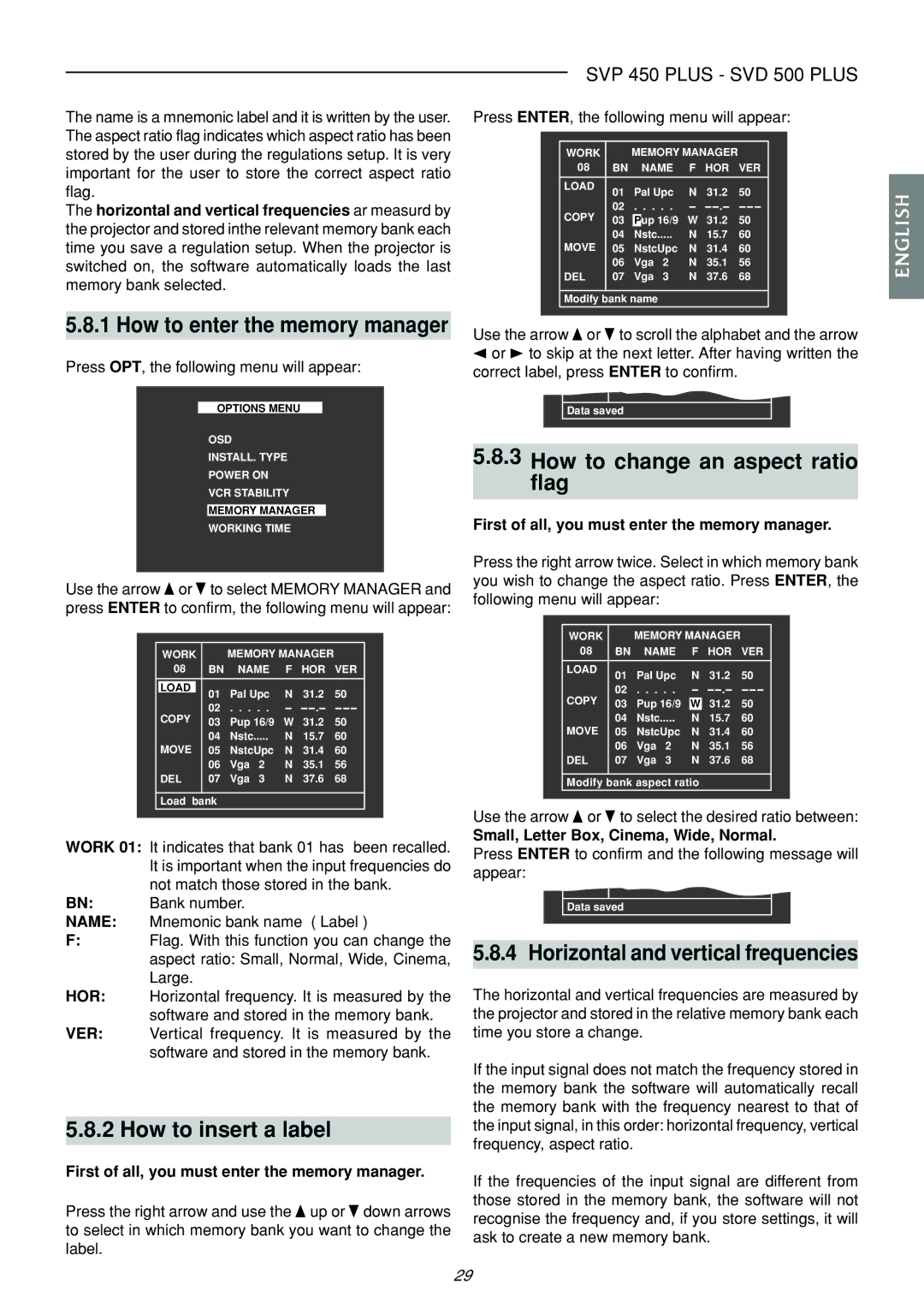 Sim2 Multimedia SVP 450 PLUS, SVP 420 HB, SVD 500 PLUS manual How to insert a label, How to change an aspect ratio flag 