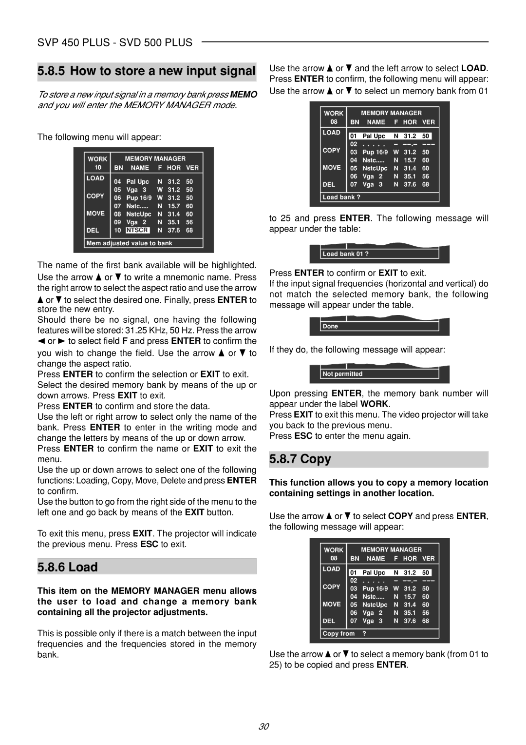 Sim2 Multimedia SVP 420 HB, SVP 450 PLUS, SVD 500 PLUS manual How to store a new input signal, Load, Copy 