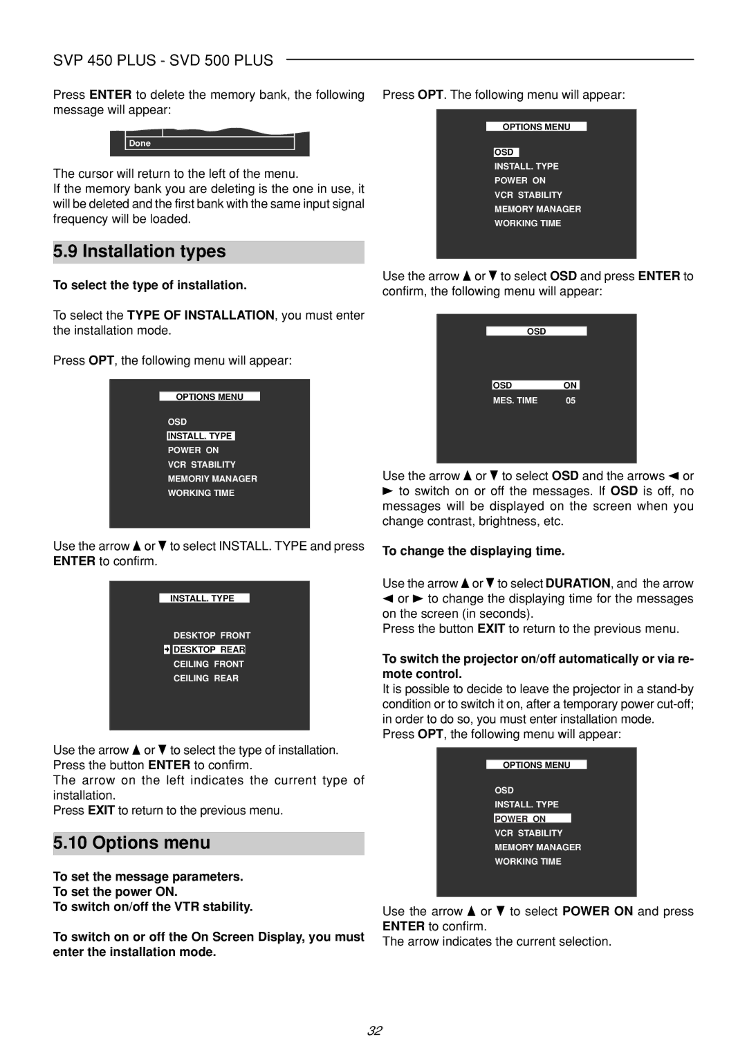 Sim2 Multimedia SVP 450 PLUS, SVP 420 HB, SVD 500 PLUS Installation types, Options menu, To select the type of installation 