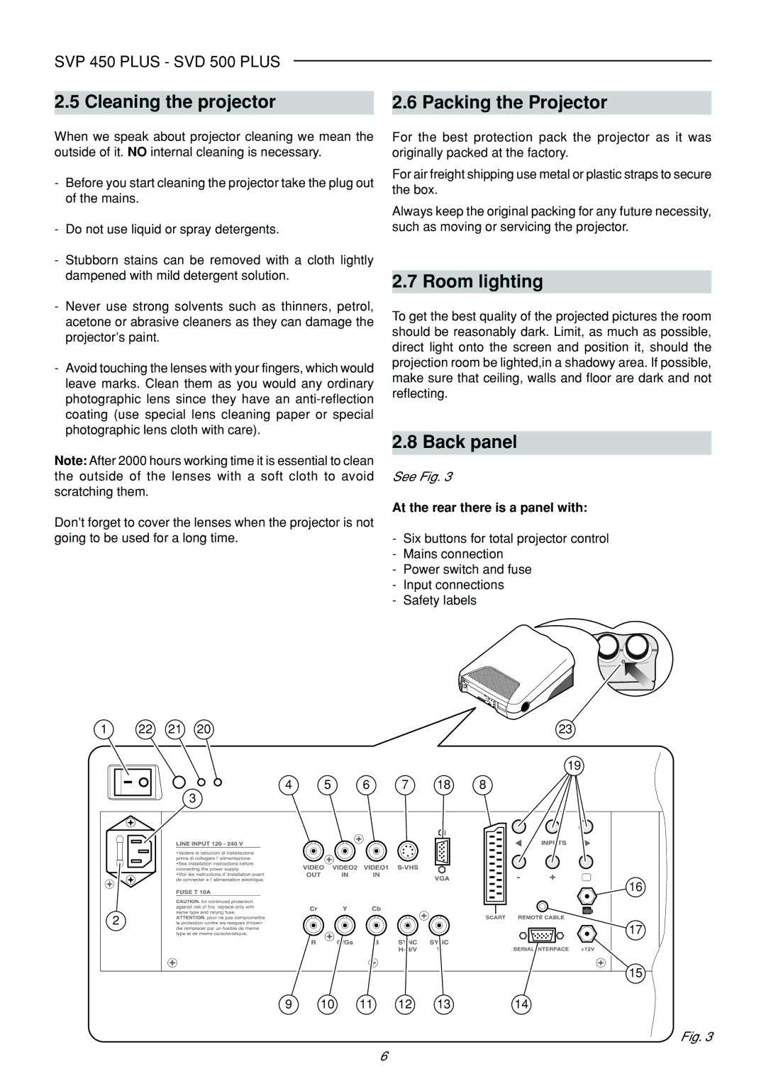 Sim2 Multimedia SVP 420 HB, SVP 450 PLUS manual Cleaning the projector, Packing the Projector, Room lighting, Back panel 