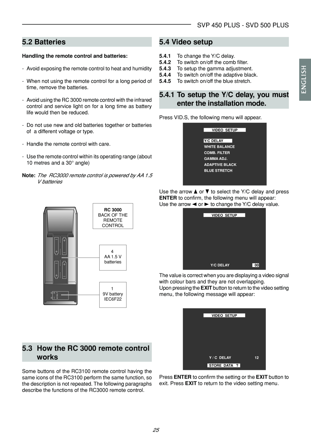 Sim2 Multimedia Batteries, How the RC 3000 remote control works, Video setup, SVP 450 PLUS - SVD 500 PLUS, English 