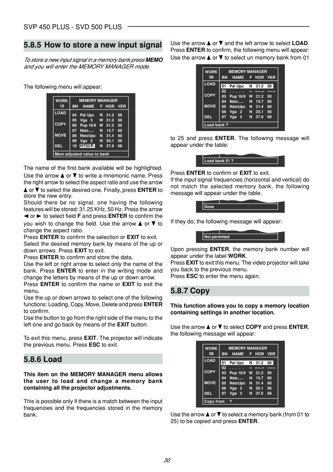 Sim2 Multimedia SVP 420 HB manual How to store a new input signal, Load, Copy, SVP 450 PLUS - SVD 500 PLUS 