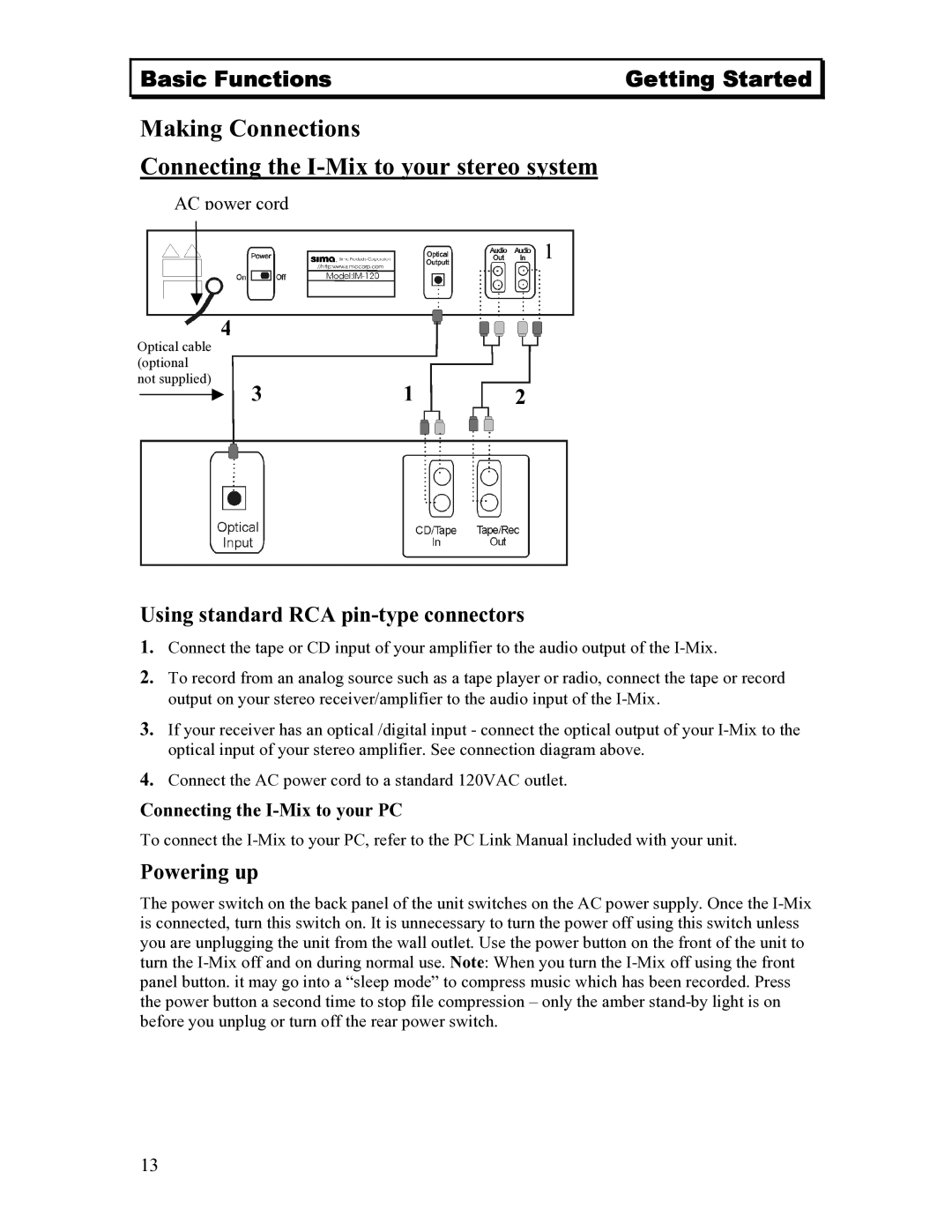 Sima Products 120 Using standard RCA pin-type connectors, Powering up, AC power cord, Connecting the I-Mix to your PC 