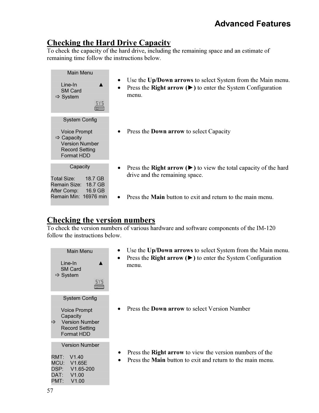 Sima Products 120 user manual Checking the Hard Drive Capacity, Checking the version numbers 