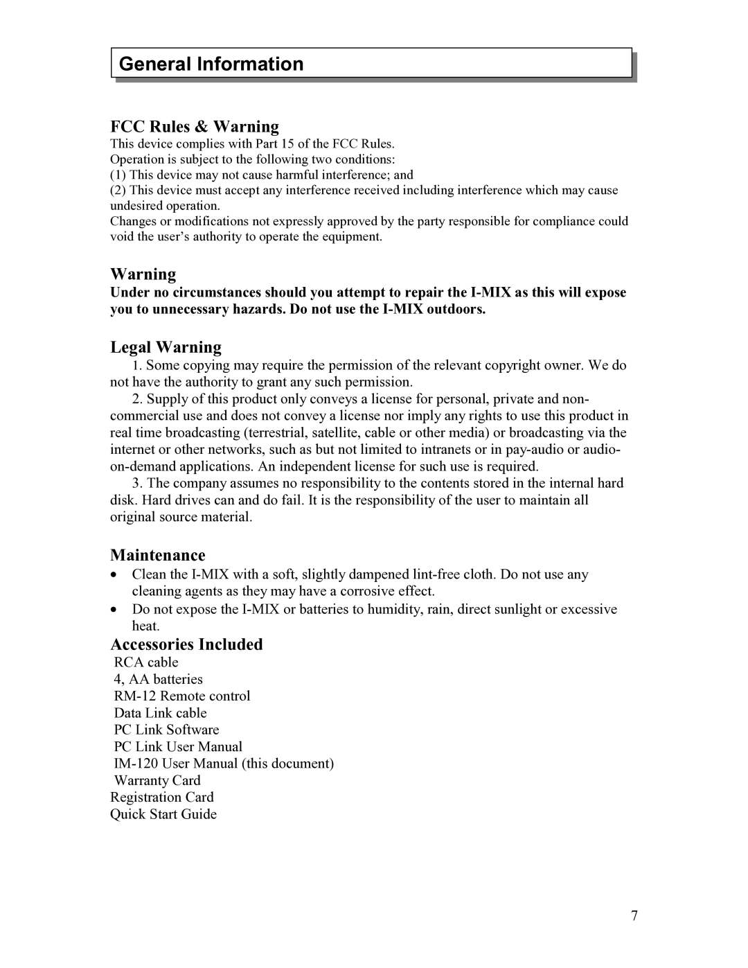 Sima Products 120 user manual FCC Rules & Warning, Legal Warning, Maintenance, Accessories Included 