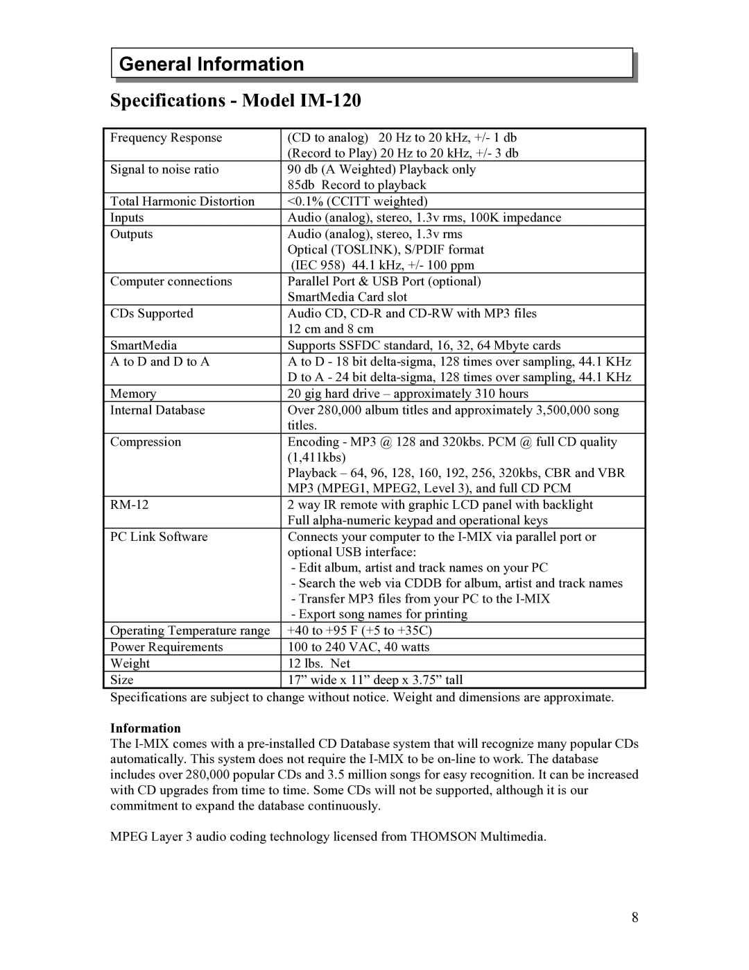 Sima Products user manual Specifications Model IM-120, Information 