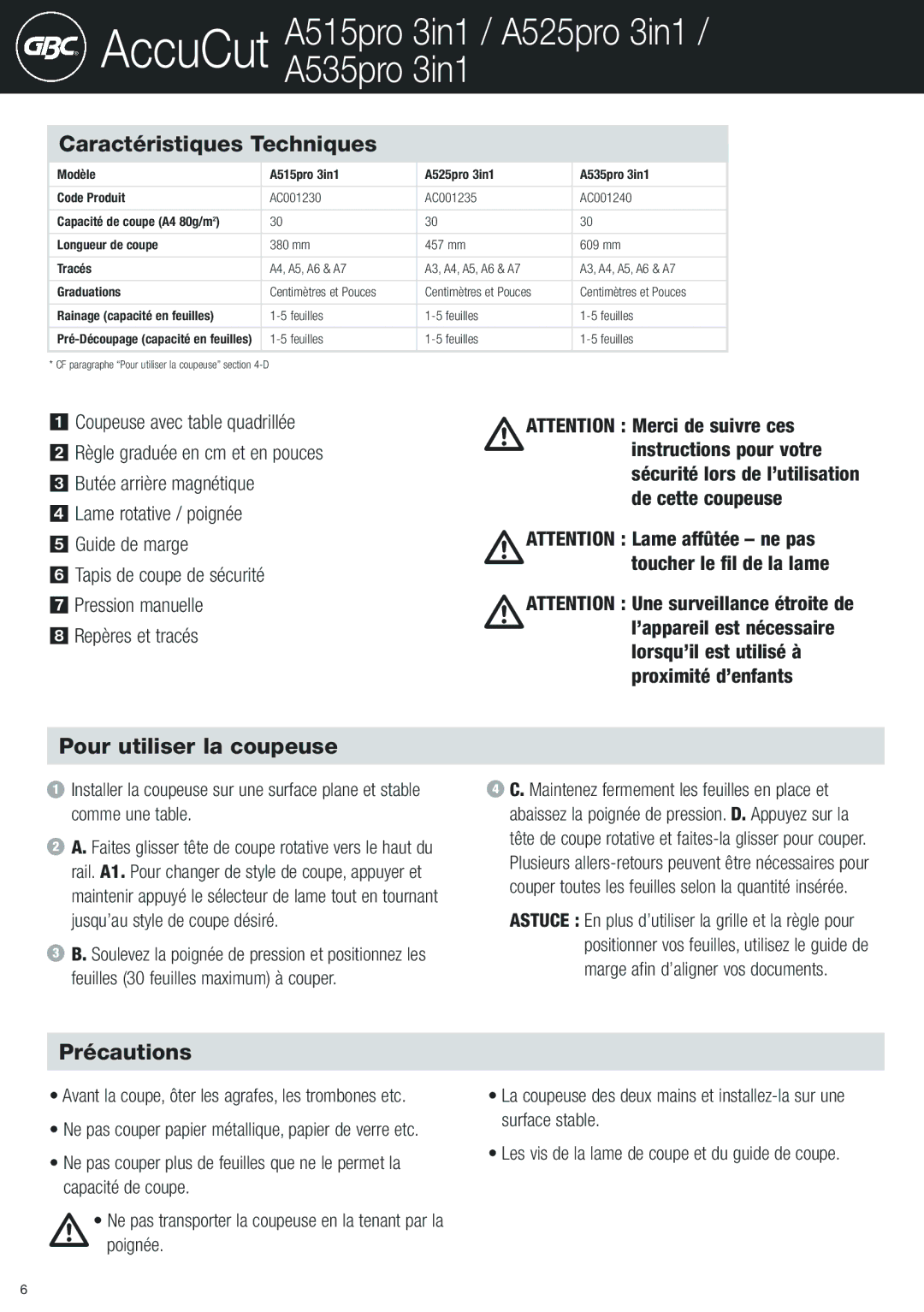 Sima Products A515PRO 3IN1, A535PRO 3IN1, A525PRO 3IN1 Caractéristiques Techniques, Pour utiliser la coupeuse, Précautions 