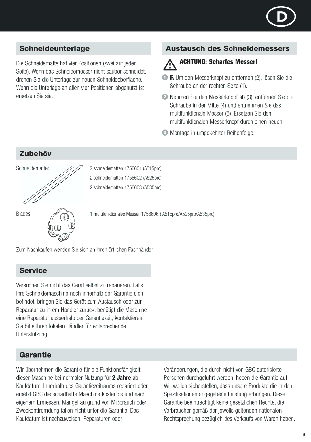 Sima Products A515PRO 3IN1, A535PRO 3IN1 Schneideunterlage Austausch des Schneidemessers, Zubehöv, Achtung Scharfes Messer 