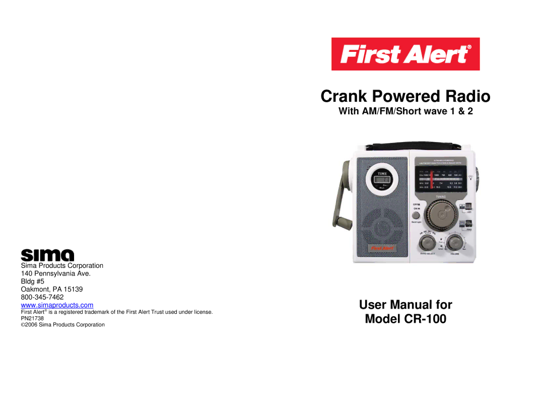 Sima Products CR-100 user manual Crank Powered Radio 