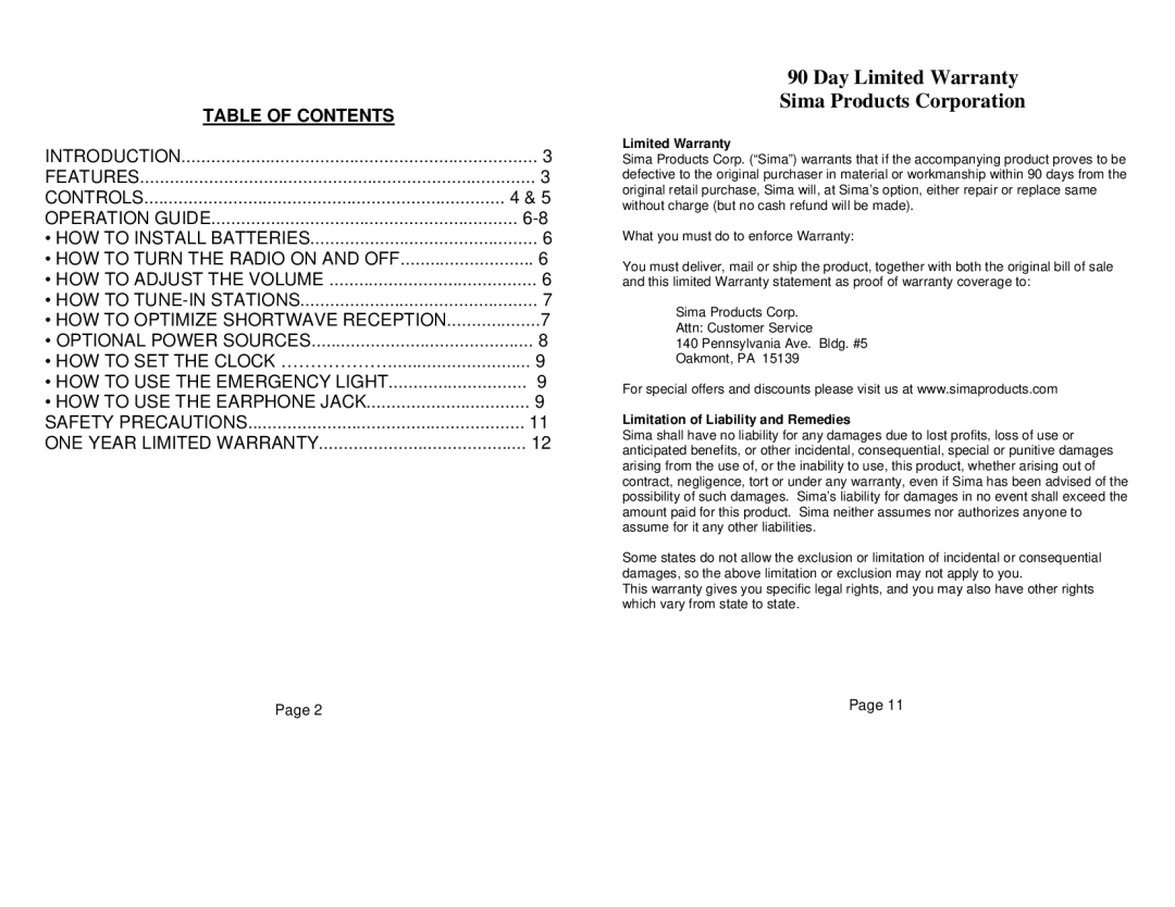 Sima Products CR-100 user manual Day Limited Warranty Sima Products Corporation 