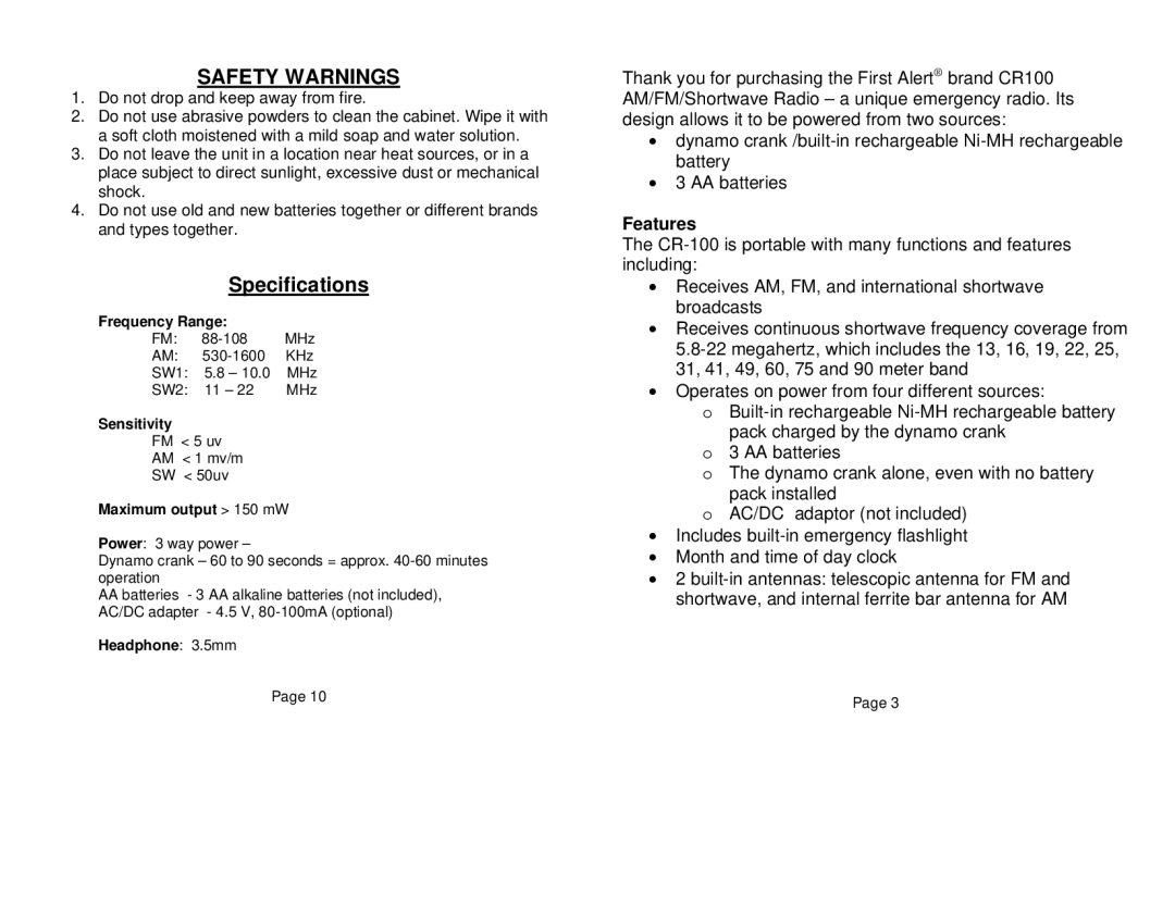 Sima Products CR-100 user manual Safety Warnings, Frequency Range, Sensitivity, Maximum output 150 mW, Headphone 3.5mm 