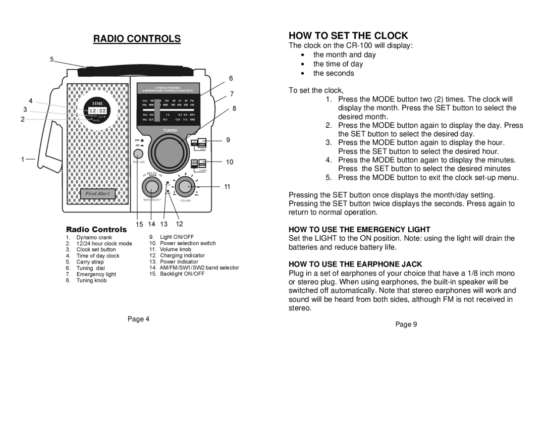 Sima Products CR-100 Radio Controls HOW to SET the Clock, HOW to USE the Emergency Light, HOW to USE the Earphone Jack 