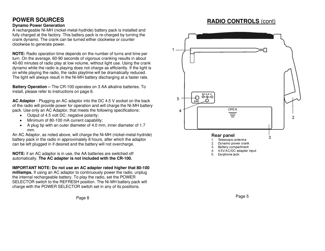 Sima Products CR-100 user manual Power Sources, Dynamo Power Generation 