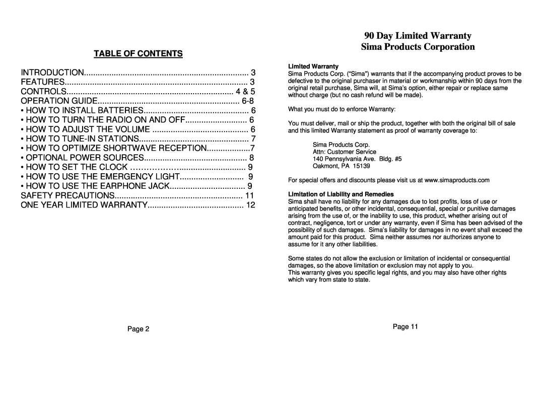 Sima Products CR-100 user manual Table Of Contents, Day Limited Warranty Sima Products Corporation 