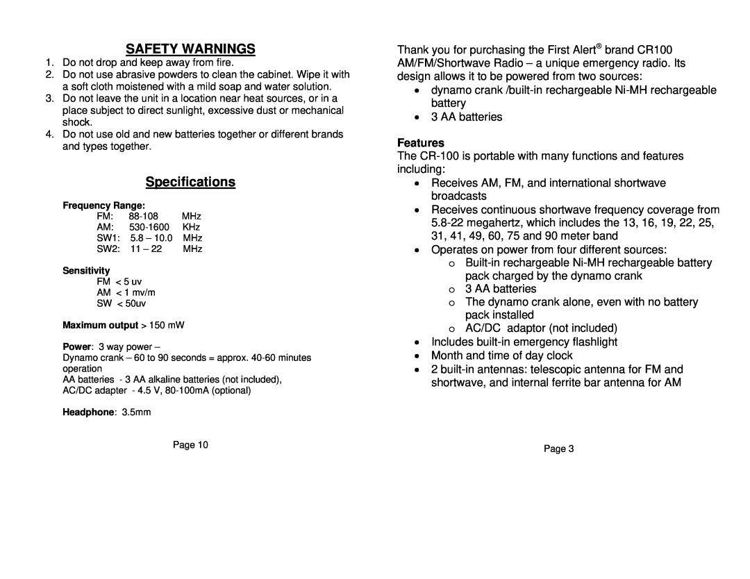 Sima Products CR-100 user manual Safety Warnings, Specifications, Features 