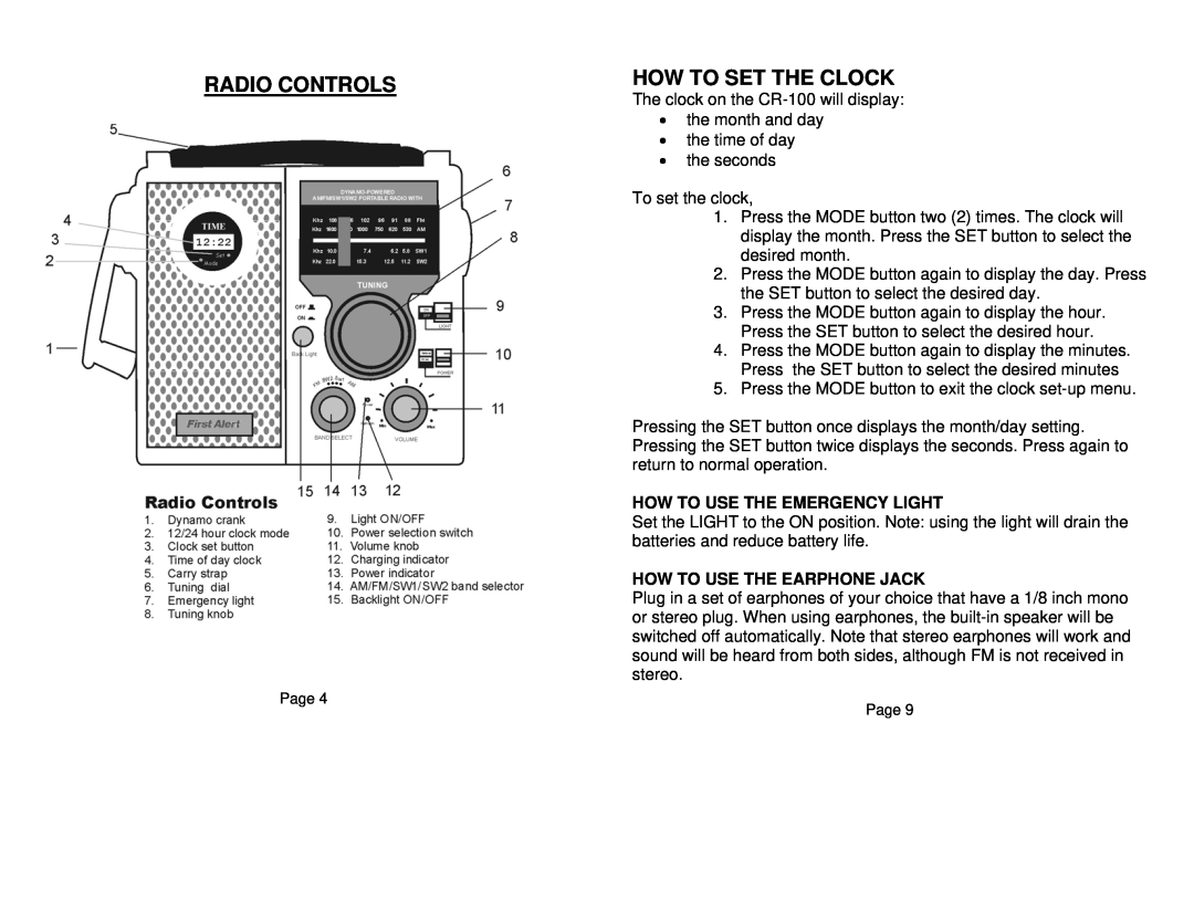Sima Products CR-100 Radio Controls, How To Set The Clock, How To Use The Emergency Light, How To Use The Earphone Jack 