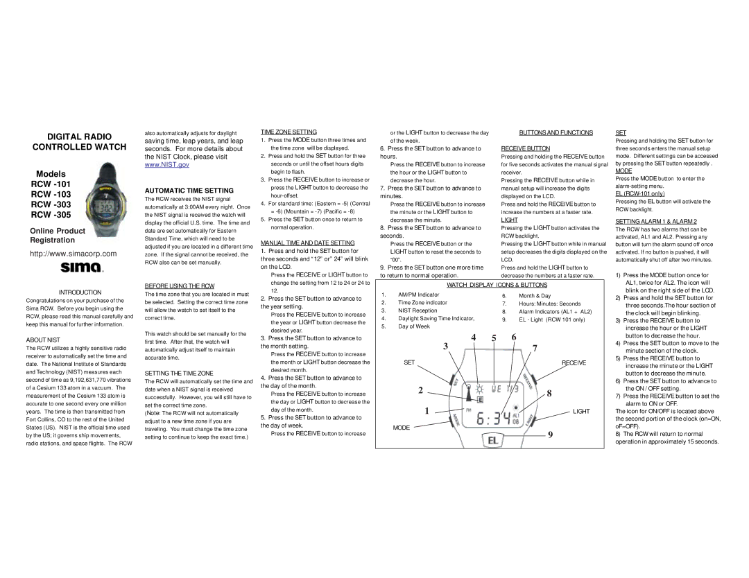 Sima Products RCW-101 operation manual Time Zone Setting, Manual Time and Date Setting, Light, Mode, Before Using the RCW 