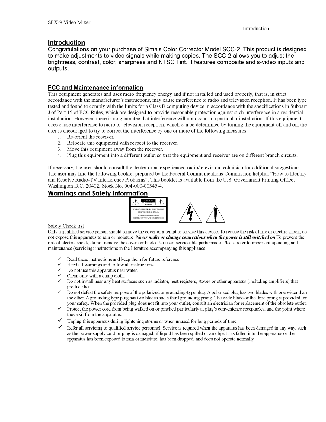 Sima Products SCC-2 user manual Introduction, FCC and Maintenance information 