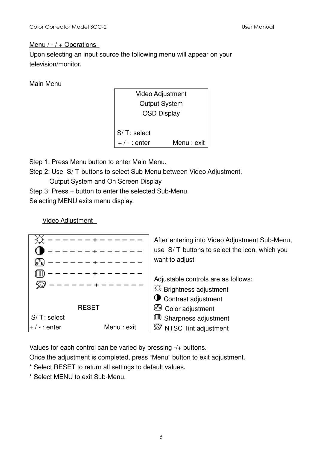 Sima Products SCC-2 user manual Video Adjustment, Reset, Adjustable controls are as follows 