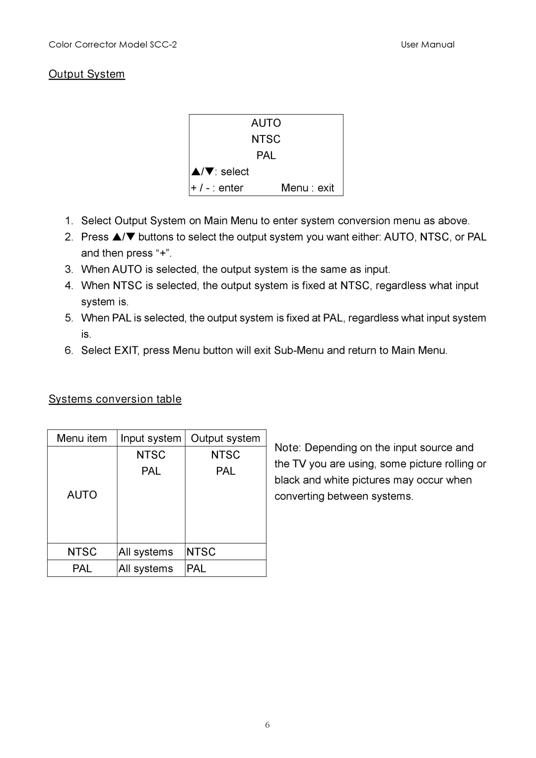 Sima Products SCC-2 user manual Output System, Auto Ntsc PAL, Systems conversion table 