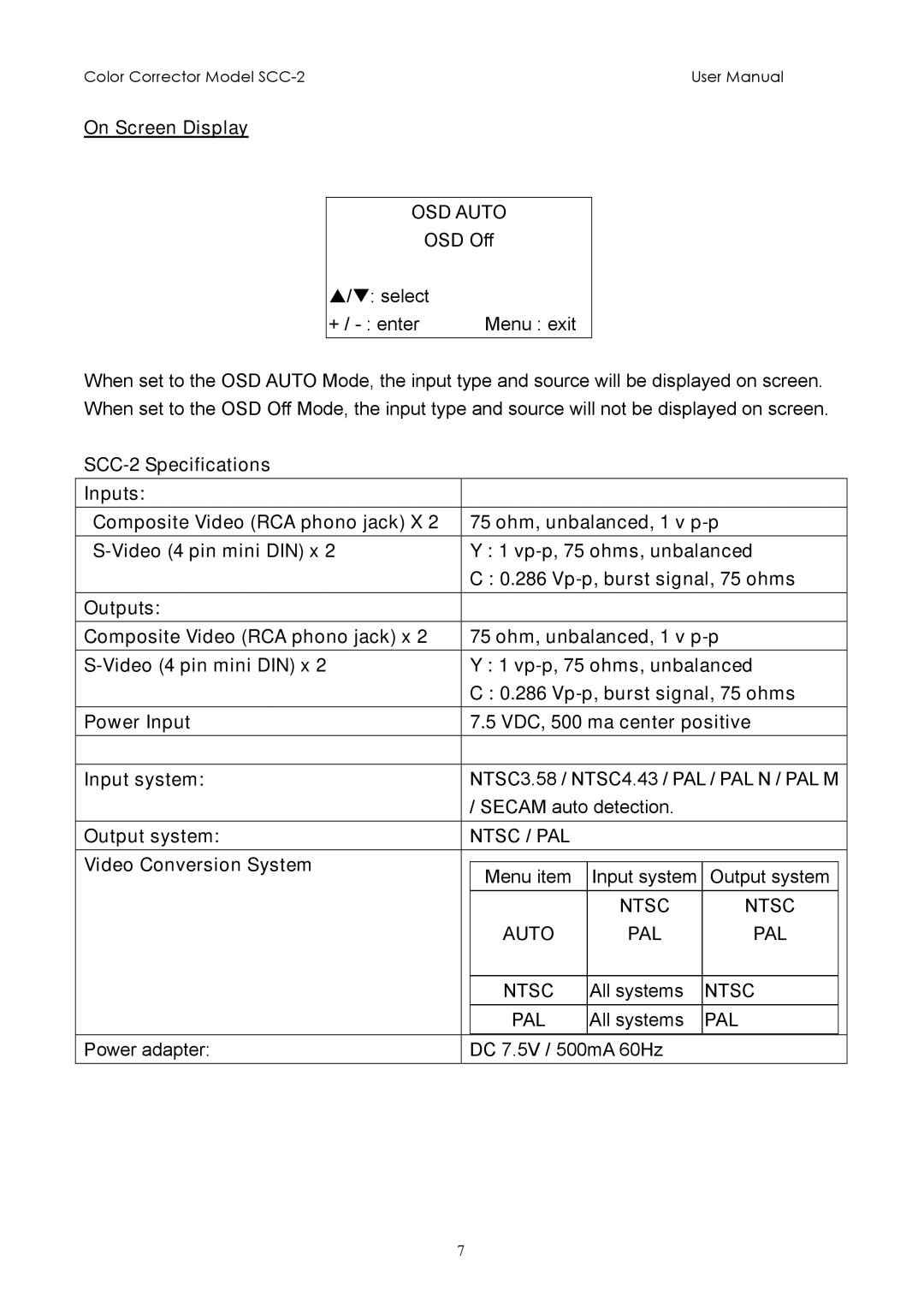 Sima Products SCC-2 user manual On Screen Display, OSD Auto, All systems, Power adapter DC 7.5V / 500mA 60Hz 