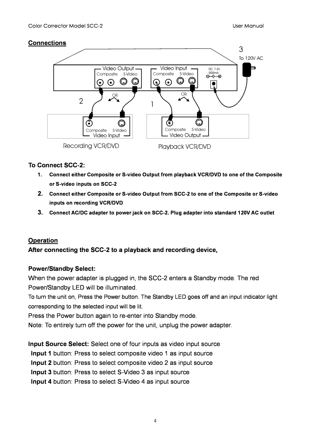 Sima Products user manual Connections, To Connect SCC-2, Operation, Power/Standby Select 