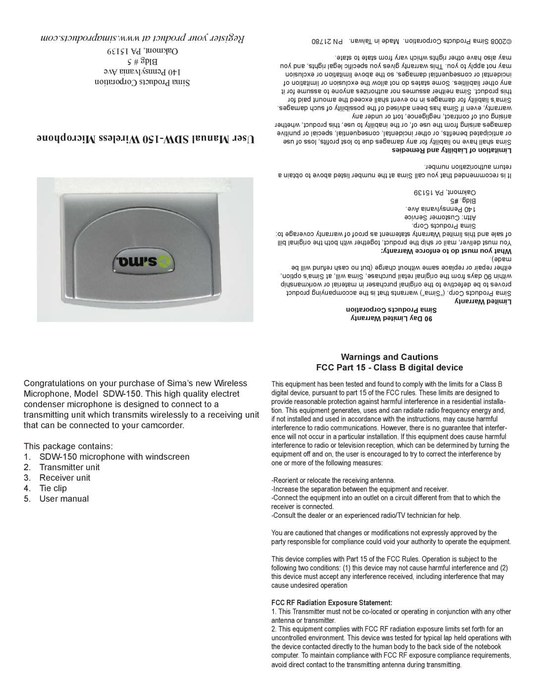 Sima Products SDW-150 user manual FCC Part 15 Class B digital device, FCC RF Radiation Exposure Statement 