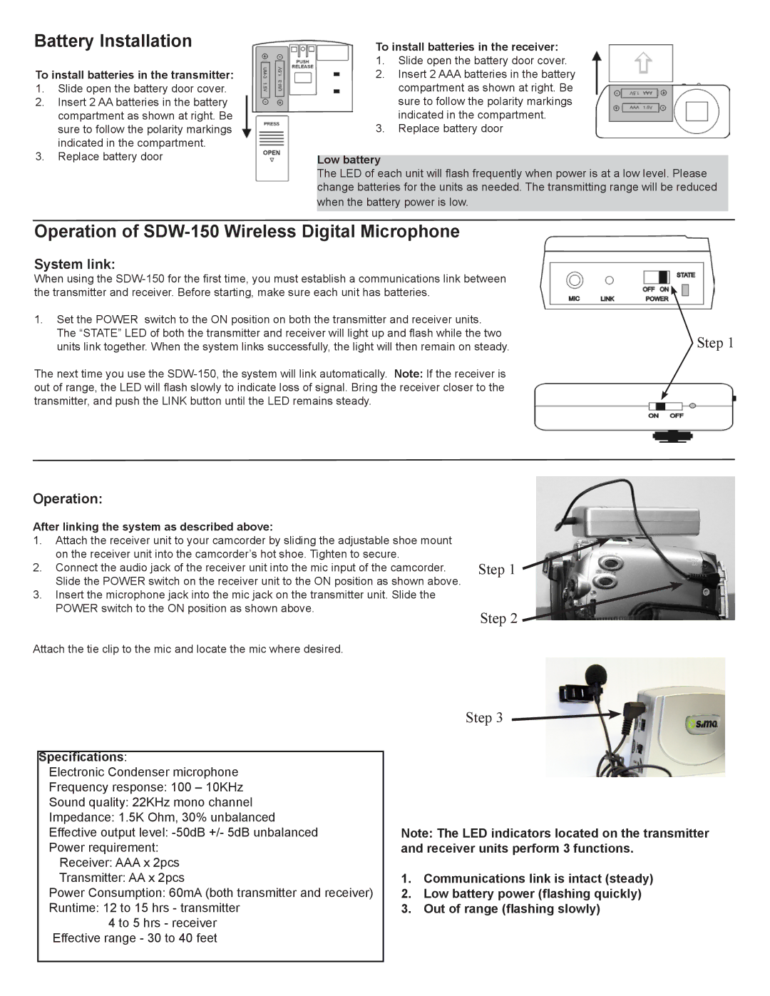 Sima Products Battery Installation, Operation of SDW-150 Wireless Digital Microphone, System link, Specifications 