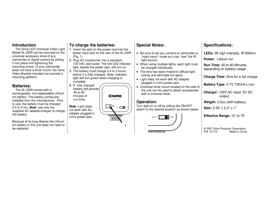 Sima Products SL-20IR warranty Introduction, Batteries, To charge the batteries, Special Notes, Operation, Specifications 