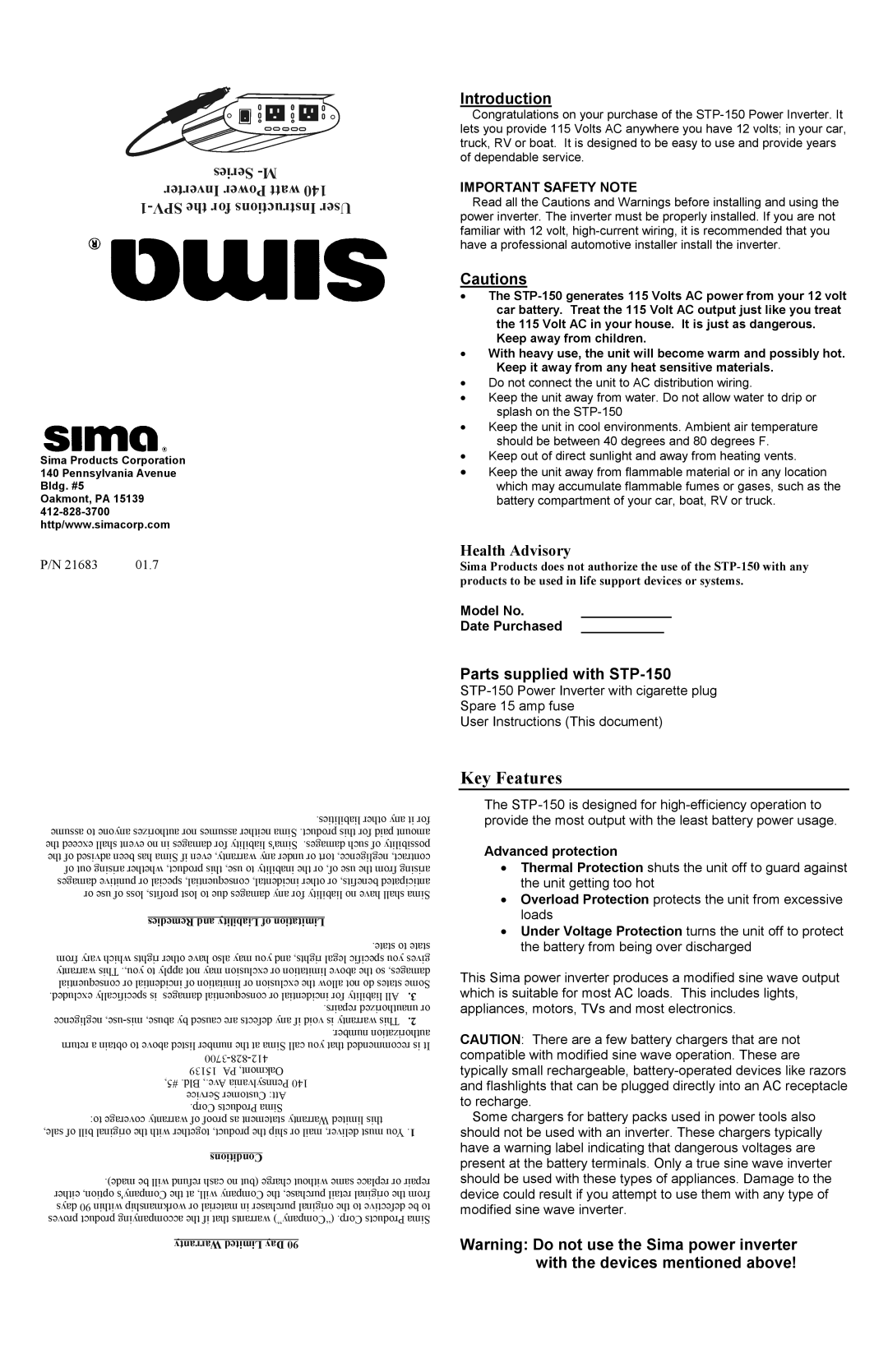 Sima Products M-SERIES, SPV-1 manual Model No Date Purchased, Advanced protection 