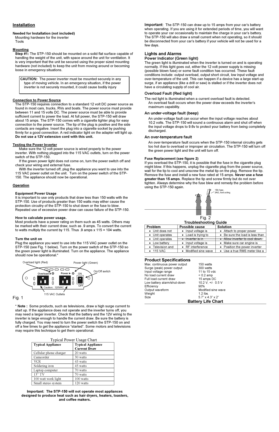 Sima Products SPV-1, M-SERIES manual Installation, Lights and Alarms, Product Specifications, Battery Life Chart 