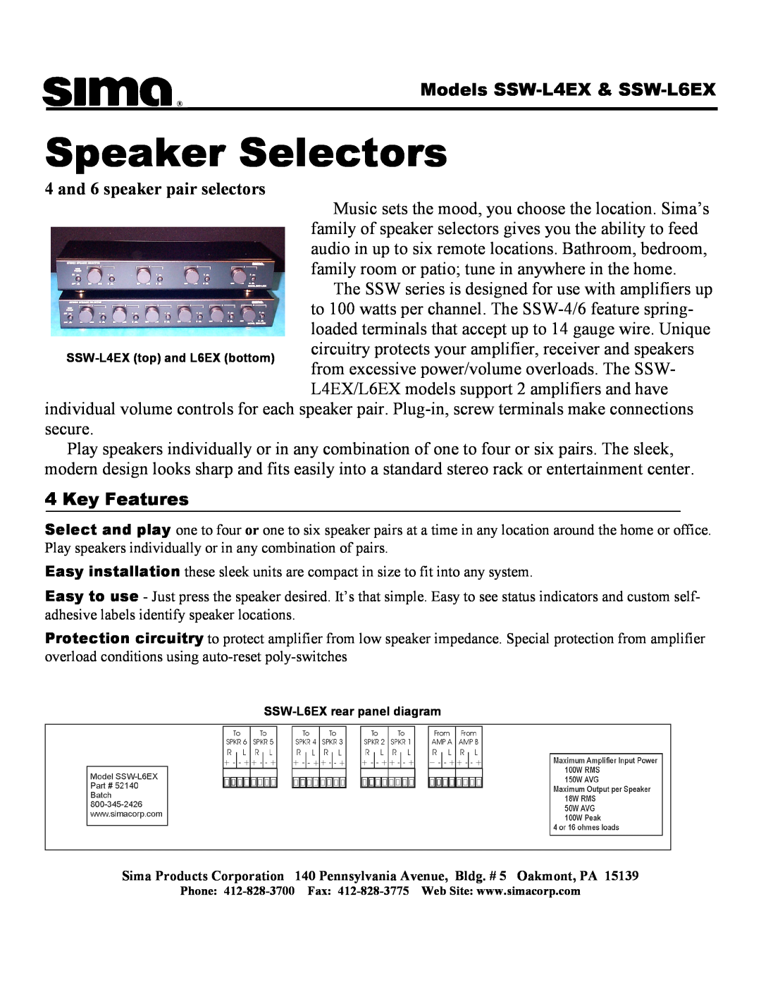 Sima Products manual Speaker Selectors, Models SSW-L4EX & SSW-L6EX, and 6 speaker pair selectors, Key Features 