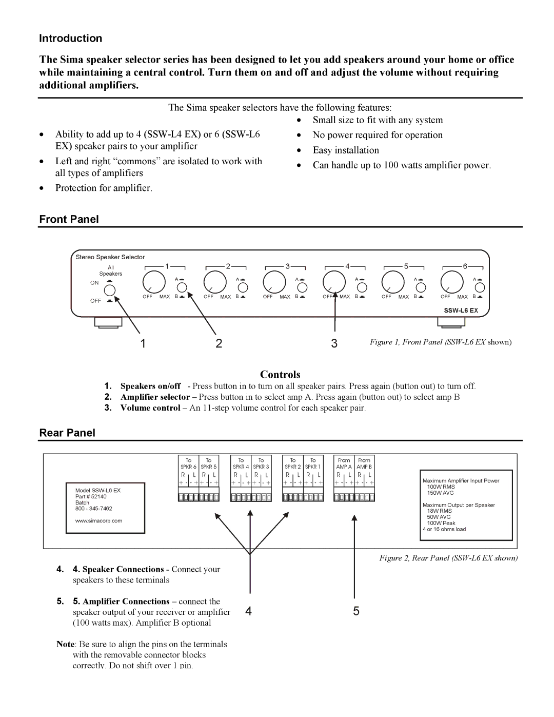 Sima Products SSW-L4 EX, SSW-L6 EX user manual Introduction, Front Panel, Rear Panel 