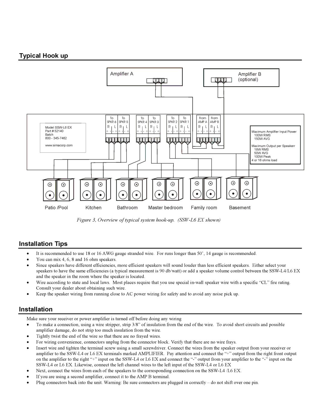 Sima Products SSW-L6 EX, SSW-L4 EX user manual Typical Hook up, Installation Tips 