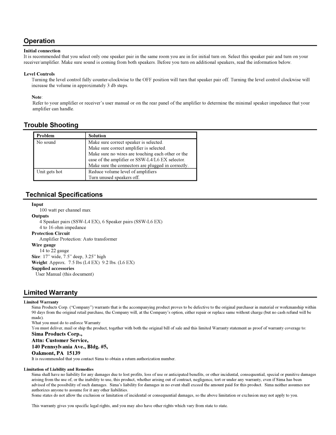 Sima Products SSW-L4 EX, SSW-L6 EX user manual Operation, Trouble Shooting, Technical Specifications, Limited Warranty 