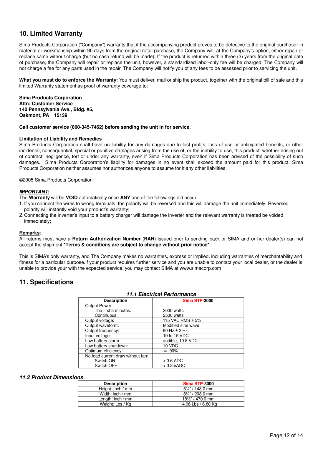 Sima Products STP-3000 owner manual Limited Warranty, Specifications, Electrical Performance, Product Dimensions, Remarks 