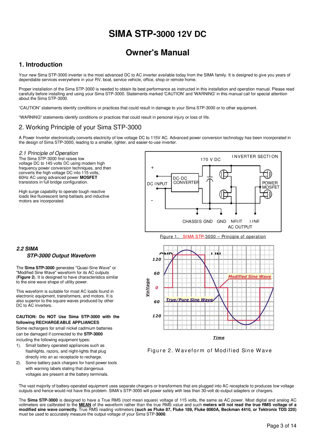 Sima Products owner manual Introduction, Sima STP-3000 Output Waveform 