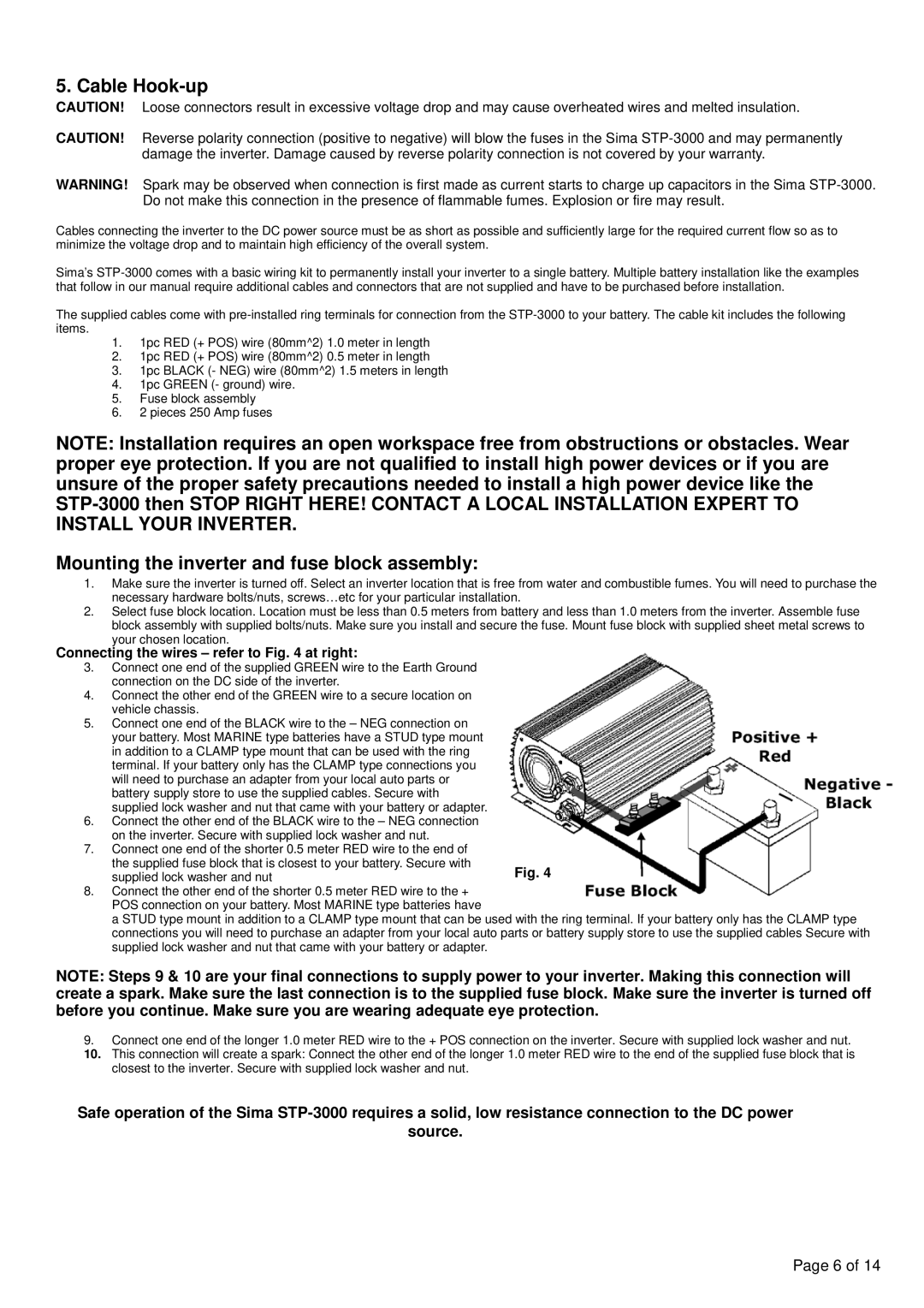 Sima Products STP-3000 owner manual Cable Hook-up, Mounting the inverter and fuse block assembly 