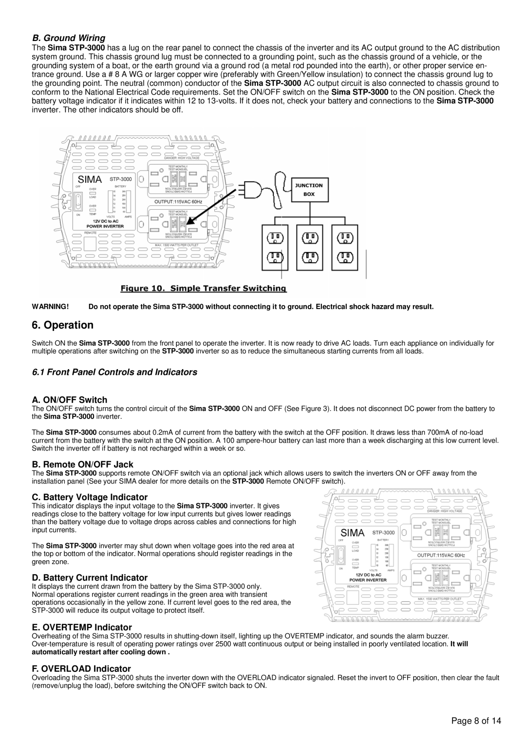 Sima Products STP-3000 owner manual Operation, Ground Wiring, Front Panel Controls and Indicators 