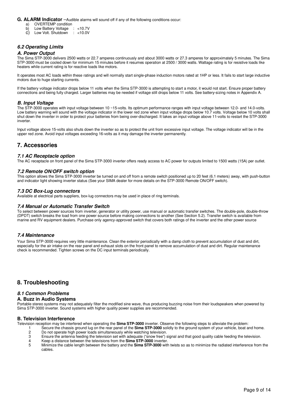 Sima Products STP-3000 owner manual Accessories, Troubleshooting 