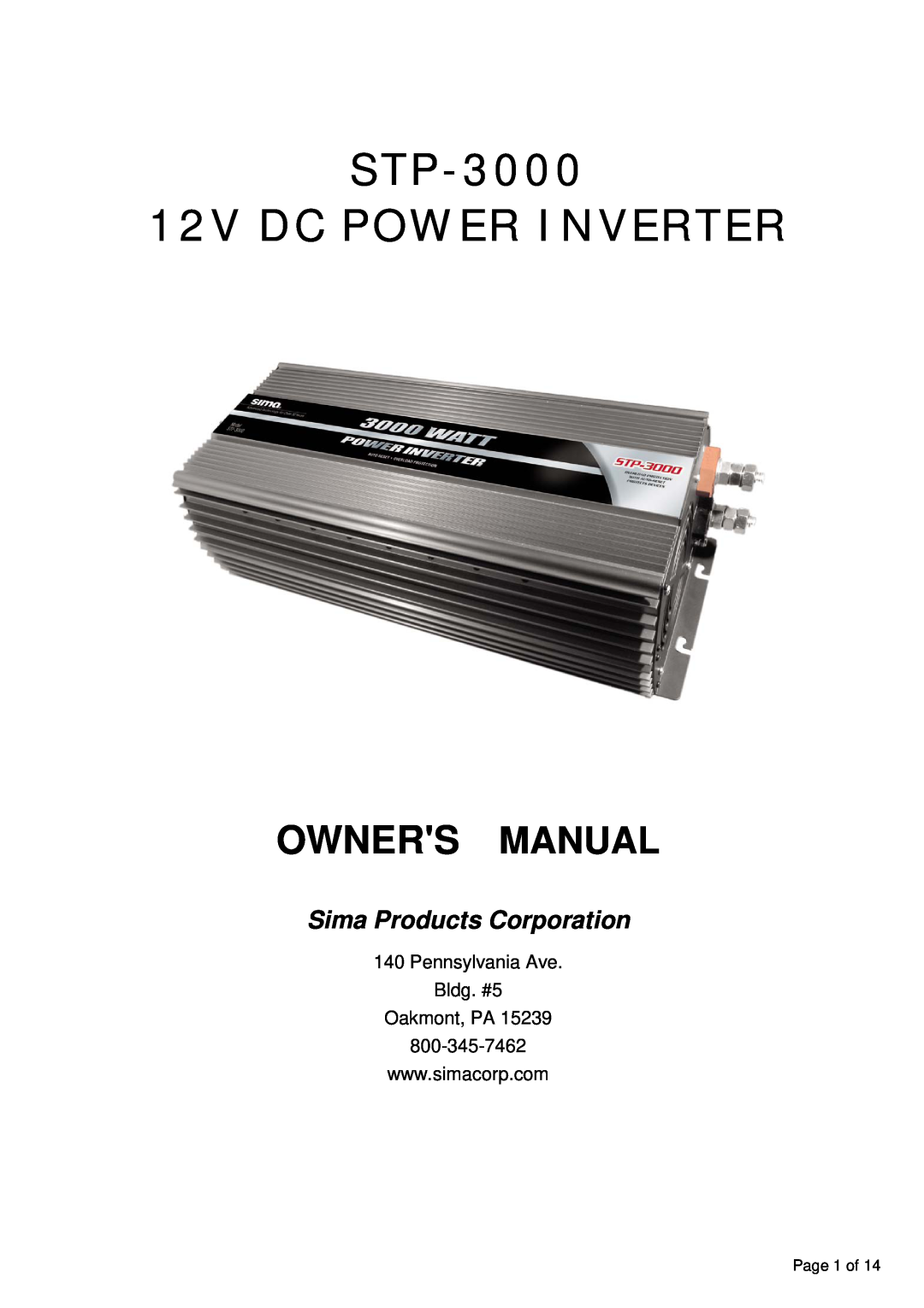Sima Products owner manual Pennsylvania Ave Bldg. #5 Oakmont, PA, STP-3000 12V DC POWER INVERTER, Owners Manual 