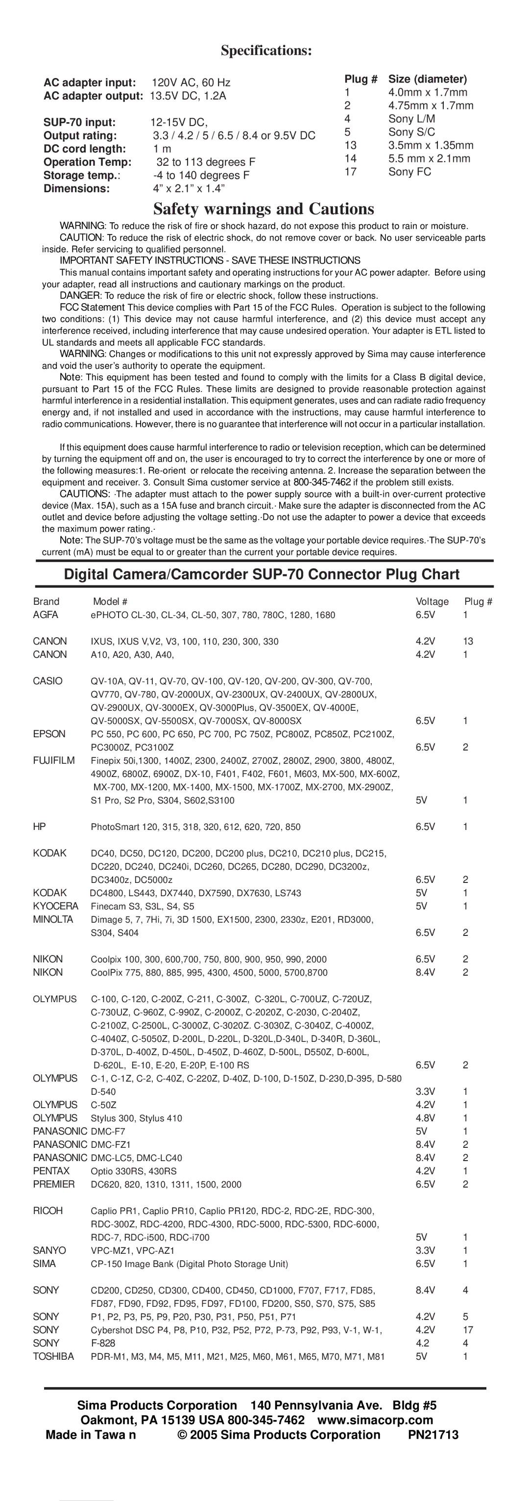 Sima Products instruction manual Digital Camera/Camcorder SUP-70 Connector Plug Chart 