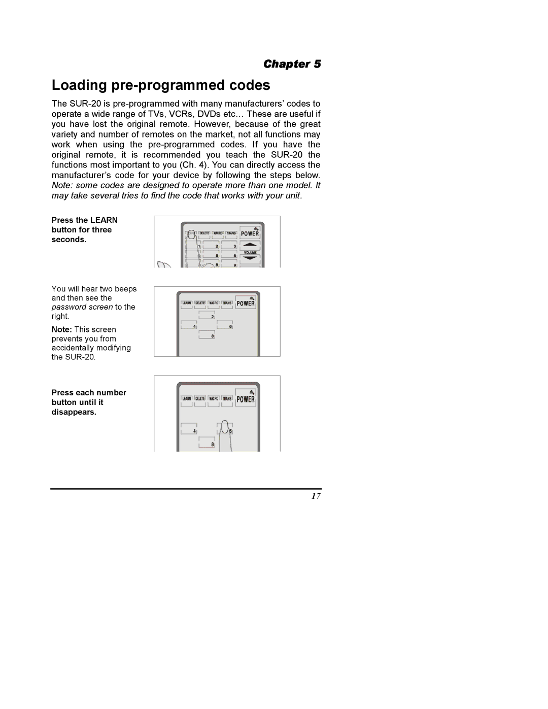 Sima Products SUR-20 user manual Loading pre-programmed codes 