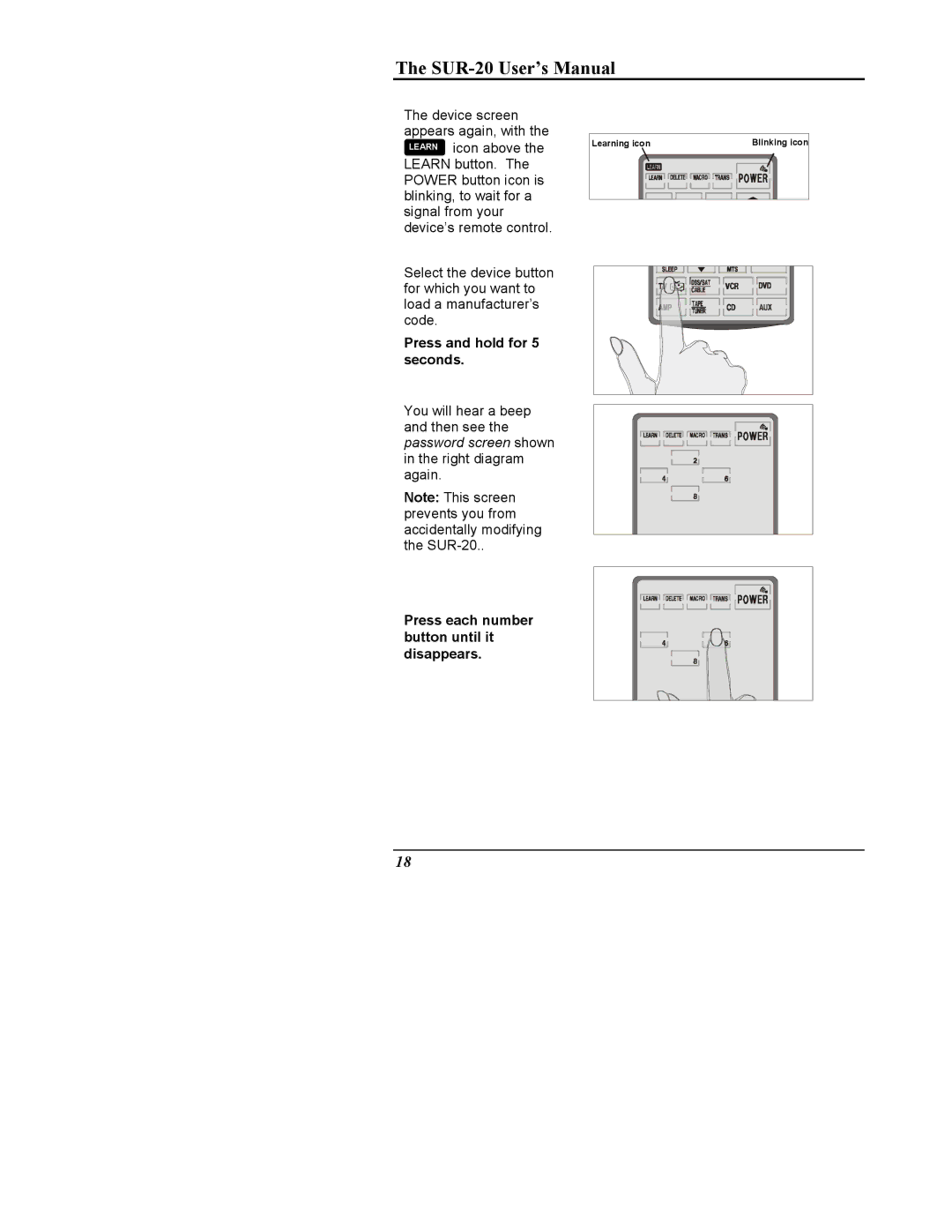 Sima Products SUR-20 user manual Press and hold for 5 seconds 