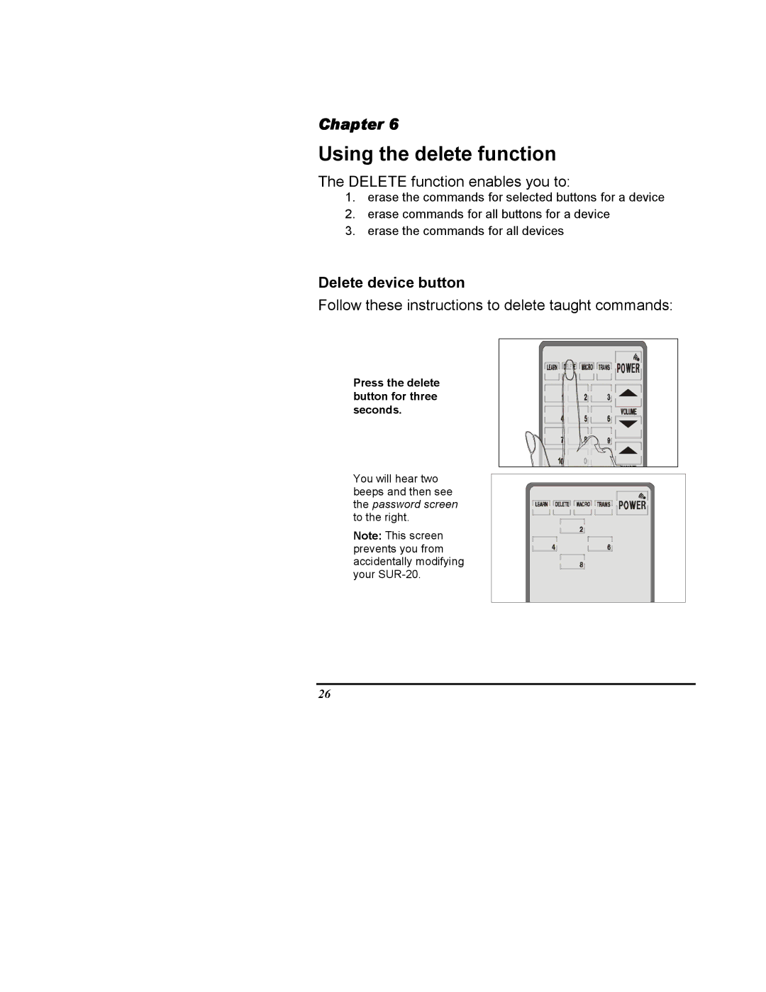 Sima Products SUR-20 user manual Using the delete function, Delete device button 